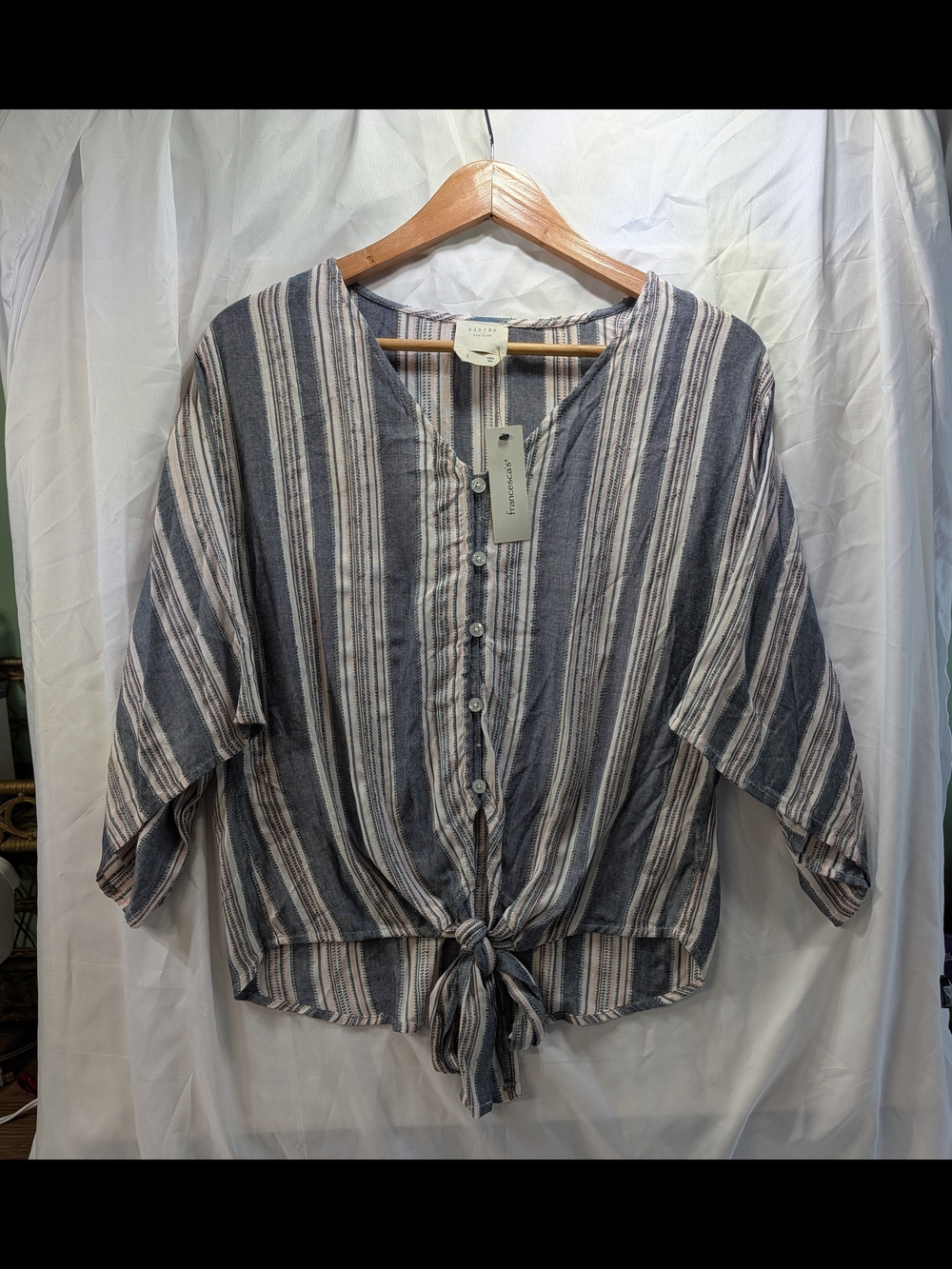 NWT Harper Striped Button-Front Tie-Hem Women's Top w/ Wide Sleeves Size Small